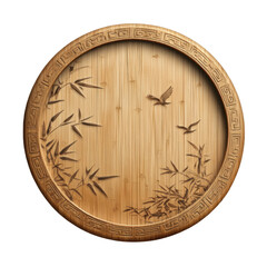 Fototapeta premium Elegant Bamboo Carving with Birds in Circle Design on Wood Texture