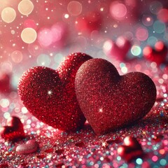 Fototapeta premium Two glittering red hearts rest on a bed of sparkling pink and red glitter. 