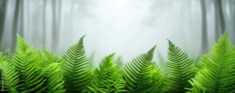 Poster Misty forest nature idea. Lush green ferns with misty forest background creating a serene nature scene.