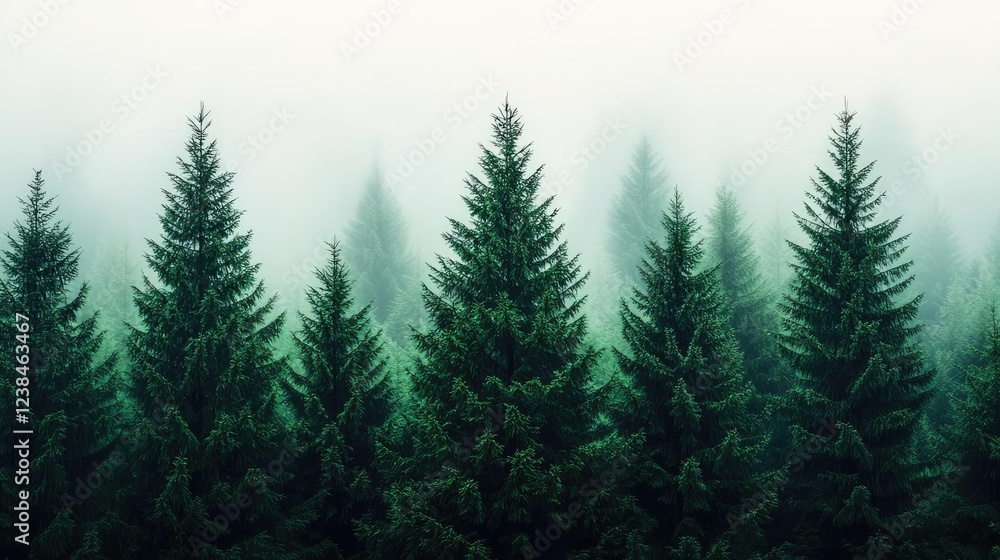 Aufkleber misty forest nature idea. a serene view of evergreen trees surrounded by a soft mist, evoking calmne