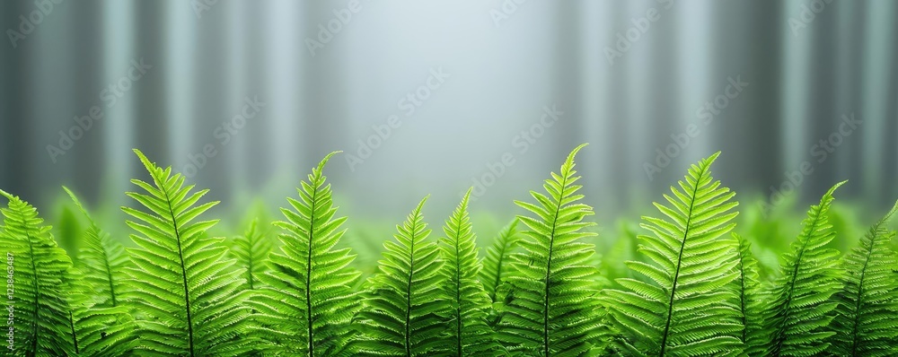 Poster misty forest nature idea. lush green ferns growing in a misty forest, creating a tranquil and serene