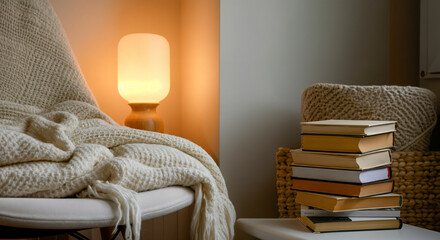 Warm lighting illuminating a cozy reading nook with a comfortable armchair draped in a soft blanket and a nearby stack of books
