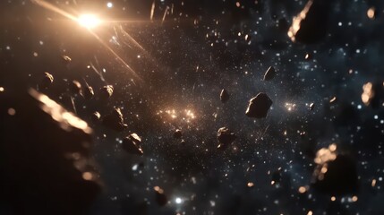 A galaxy frame with asteroid trails and orbiting celestial bodies glowing softly, set against a dark background speckled with shooting stars.