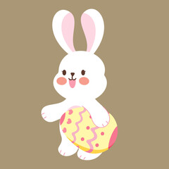 A cute bunny holding a yellow easter egg.