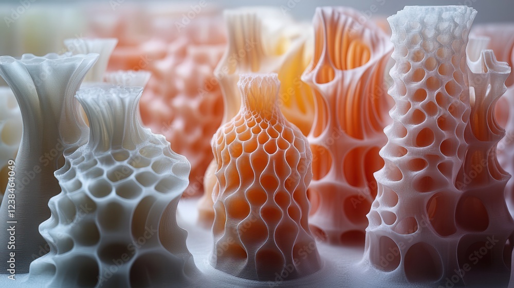 Poster abstract collection of intricately designed 3d-printed vases in soft pastel colors showcasing unique