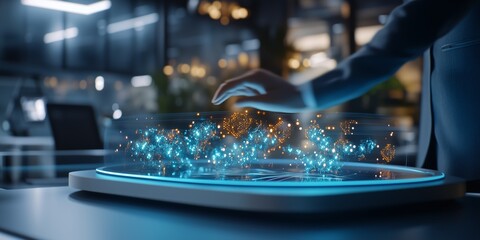 Modern office interior featuring businessman manipulating holographic data interface, hovering hand over glowing interconnected digital network projection