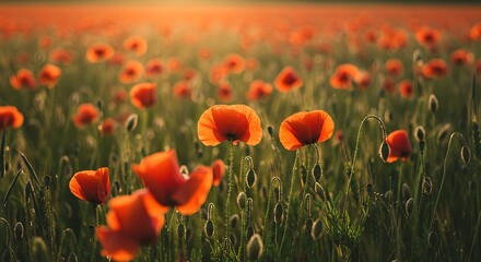Fototapeta premium Stunning Poppy Field Sunset Landscape Photography