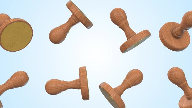 Wooden Stamps Falling on a Light Blue Background. Rubber Stamps 3D Animation. 4K