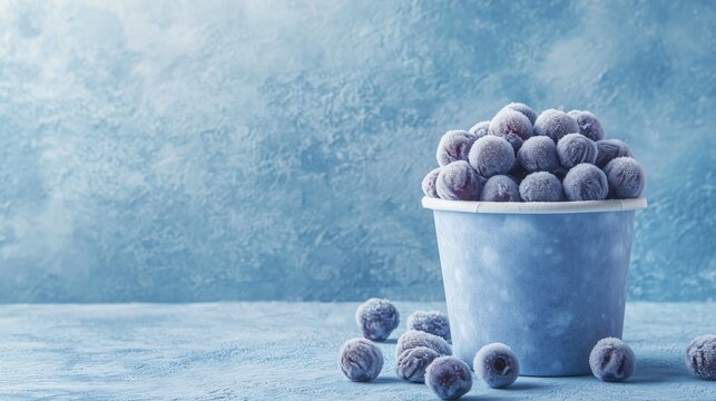 Blue Container Filled with Frozen Blueberries, Scattered Berries on Textured Surface, Soft Cloudy Blue Background, Cool and Refreshing Atmosphere, Copy Space