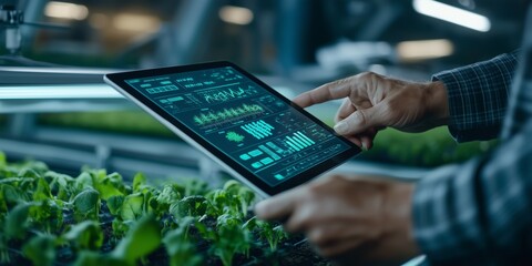 Digital tablet displaying crop data while farmer managing greenhouse, modern agricultural technology optimizing plant growth and productivity through precision monitoring