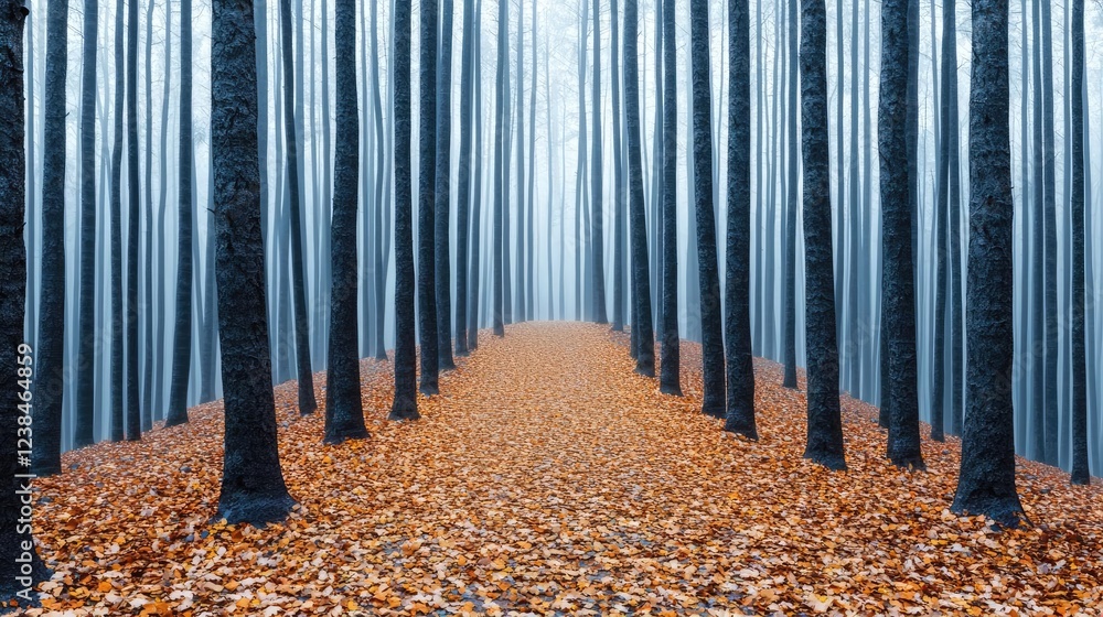 Poster misty forest nature idea. misty forest pathway lined with tall trees and vibrant autumn leaves on th
