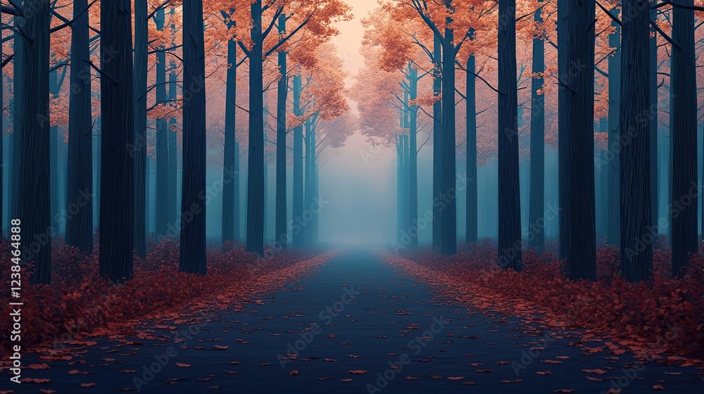 Aufkleber misty forest nature idea. a serene autumn forest pathway enveloped in mist and vibrant colored leave