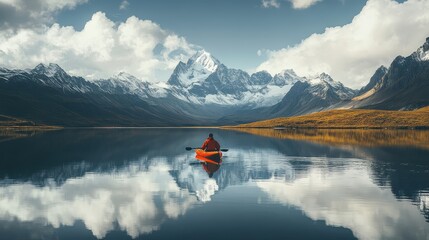 Serene Reflection: An Adventurer's Solitude in the Mountain Lake