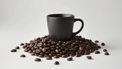 black coffee cup with a handle on a white background. The cup is placed on top of a pile of coffee beans, which are scattered around the cup. The beans are dark brown in color and appear to be freshly