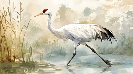 Fototapeta premium Elegant White Crane Wading in a Misty Wetland Habitat