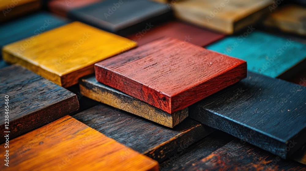 Aufkleber colorful wooden squares arranged in pattern, showcasing various textures and shades. vibrant hues cr
