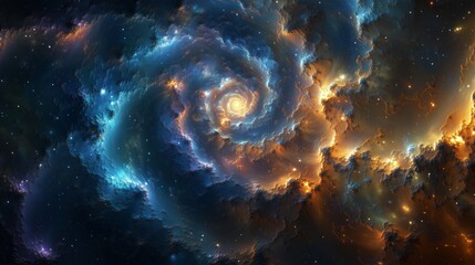 Vibrant Cosmic Wallpaper with Swirling Spiral Galaxy, Glowing Core, Interstellar Dust in Rich Blues, Bright Oranges, and Subtle Purples, Deep Space Contrast  Dynamic Universe Detail, and Stellar Depth