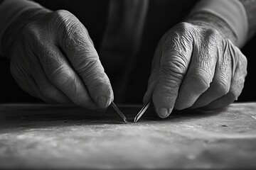 Obraz premium Aged hands delicately manipulate tools, showcasing precision and expertise in a detailed black and white close-up.