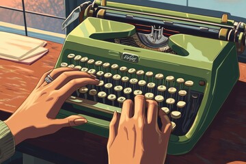 A woman's hands type on a vintage green typewriter, bathed in warm sunlight.