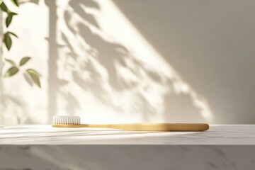 A bamboo toothbrush rests on a marble surface, bathed in soft sunlight filtering through leaves.