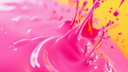 Energetic Splash of Vibrant Pink Liquid Against a Warm Yellow Background Creates a Playful Atmosphere. Generative AI