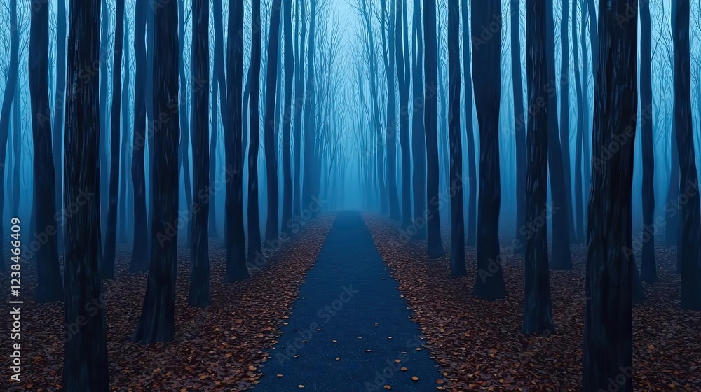 Poster misty forest nature idea. mysterious foggy forest path with tall trees and fallen leaves.