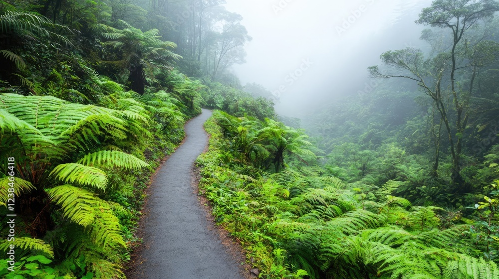 Poster misty forest nature idea. a serene pathway through lush greenery and misty ambiance in a tranquil fo