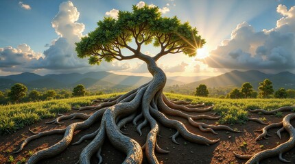 Majestic tree with exposed roots on a hilltop, bathed in golden sunlight. Serene landscape, perfect for nature, environmental, and spiritual themes