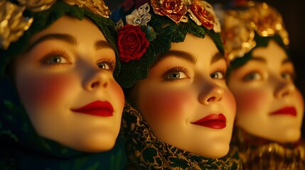 Obraz premium Elegant women in traditional floral headdresses with golden embroidery, rich cultural heritage, artistic portrait with soft lighting, vibrant red lips, and warm expressions, folklore-inspired beauty.