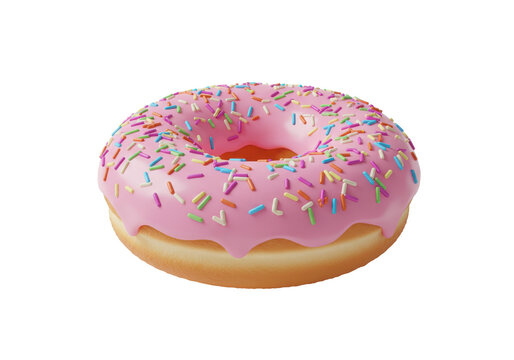 A pink glazed donut covered with colorful sprinkles, floating with a soft shadow, isolated on a white background