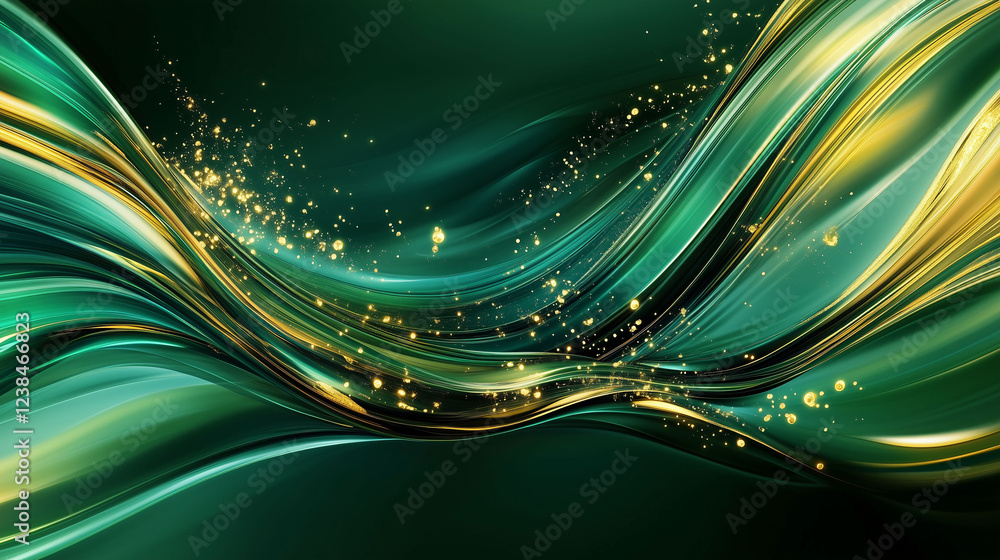 Poster vibrant liquid background with flowing green and golden tones creating an abstract atmosphere for de