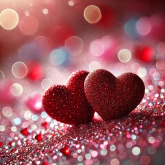 Obraz premium Two glittering red hearts rest on a bed of sparkling pink and red glitter. 