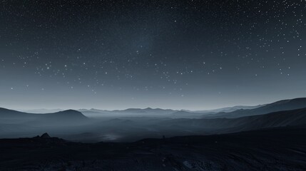 Vast Panoramic Monochrome Landscape, Tranquil Night Sky Filled with Twinkling Stars Over Rolling Hills and Valleys, Shrouded in Gentle Mist That Softens the Horizon for Serene and Dreamlike Atmosphere