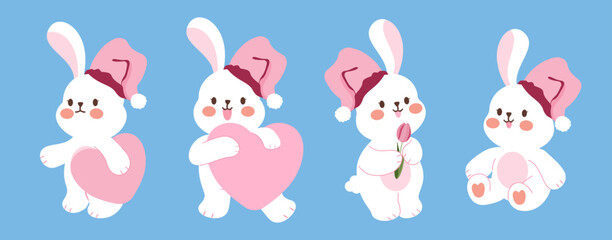 A cute cartoon rabbit set featuring a cheerful bunny wearing a pink hat and holding a heart. Perfect for themes of love, Valentine's Day and Easter Day.