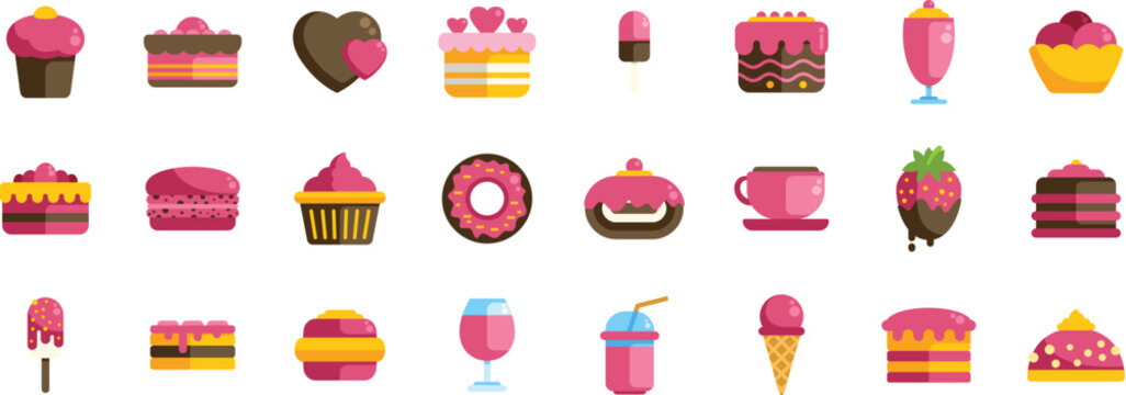 Colorful vector icons representing various valentine's day desserts, cakes, pastries, ice cream, strawberries, donuts, and coffee