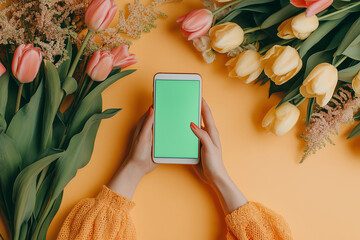 A woman is holding a green tablet in front of a bunch of flowers