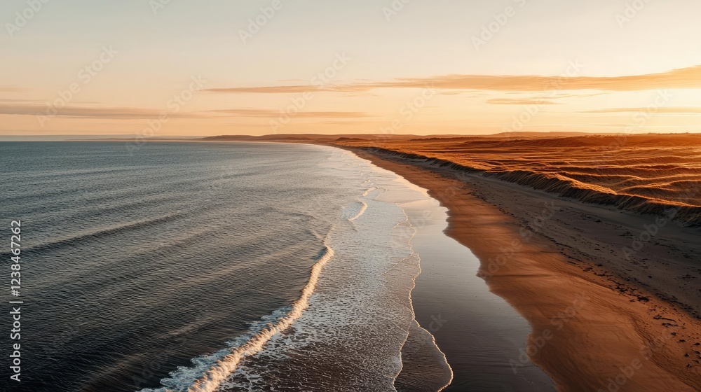 Poster beach sunset nature concept. a serene sunset view of a quiet beach with gentle waves lapping at the 