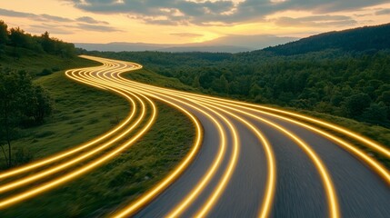 Fototapeta premium Futuristic glowing highway winding through a lush green landscape at sunset, illuminated road light trails, surreal travel concept, neon-lit road curves, scenic countryside, digital art vision.