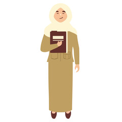 Muslim woman wearing hijab holding a book.