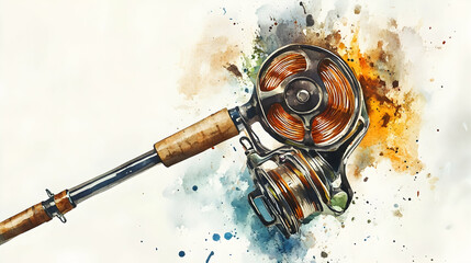 Watercolor illustration of a fishing rod and reel, perfect for travel or outdoor themes