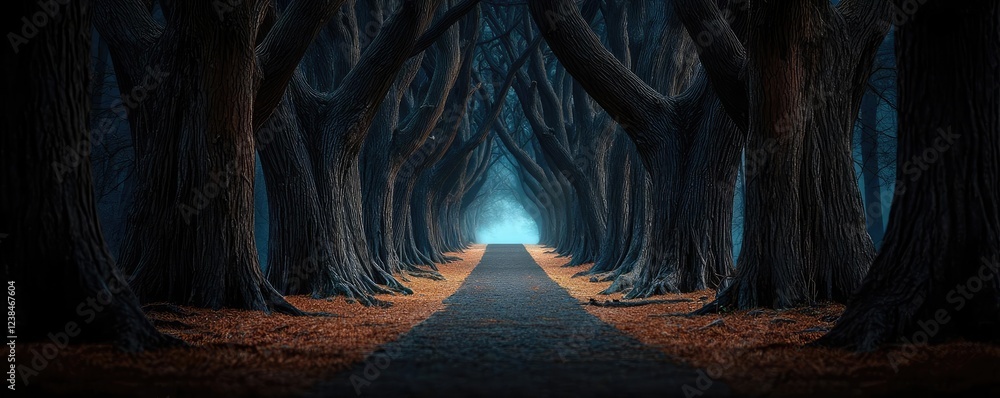 Poster misty forest nature idea. mysterious forest path leading to a glowing light at the end, surrounded b