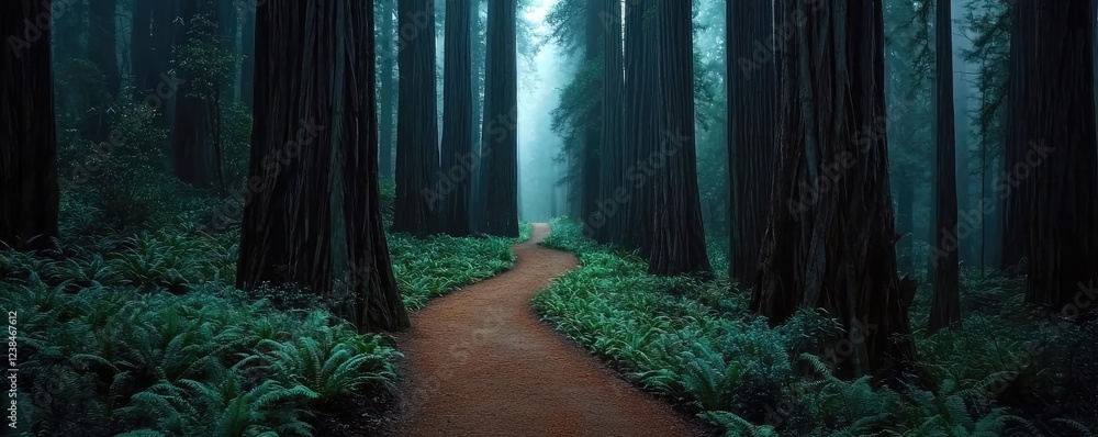 Poster misty forest nature idea. a serene winding path through a lush and misty forest of towering trees.