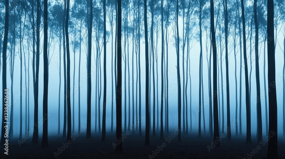 Aufkleber Misty forest nature idea. Misty forest with tall trees creating a serene and tranquil atmosphere.