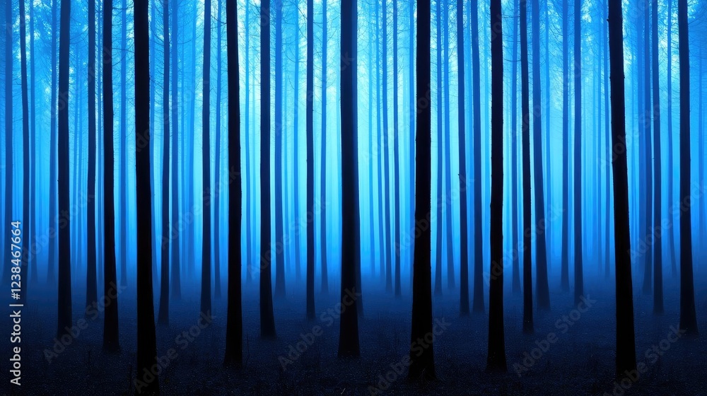 Poster misty forest nature idea. serene blue forest with tall trees creating a tranquil atmosphere for natu