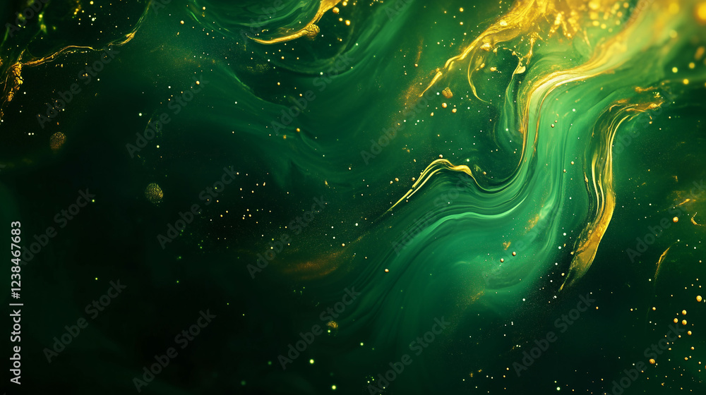 Poster vibrant green liquid background with bold golden elements creating an abstract visual experience. ge