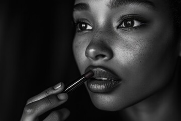 Close-up monochrome portrait of a woman applying dark lipstick, highlighting her freckles and expressive eyes.