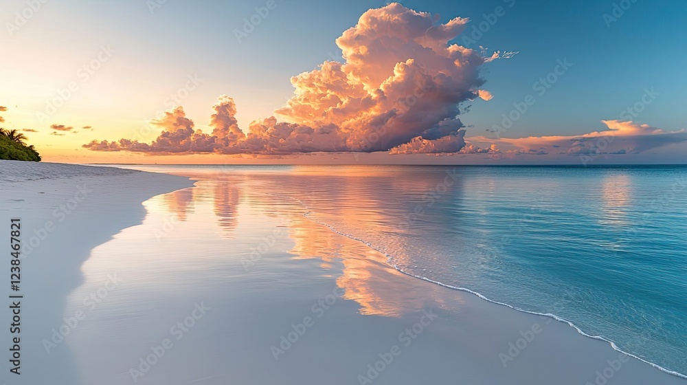Aufkleber beach sunset nature concept. a serene beach at sunset with calm waters and colorful clouds reflectin