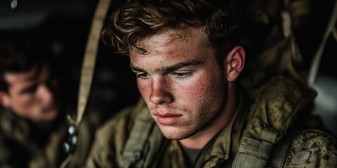 Fototapeta premium Close-up Portrait of a Young Soldier in Camouflage Uniform