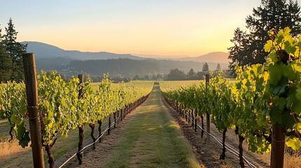 A row of ripe wine grapes ready for harvest at a vineyard in southern Oregon