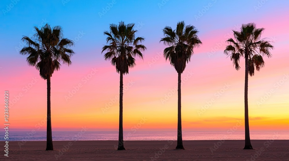 Aufkleber beach sunset nature concept. a serene sunset view featuring palm trees against a colorful sky over t